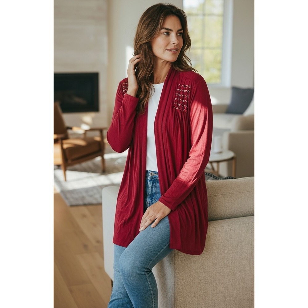 Belldini Women's 2X Burgundy Open Front Cardigan Grommet Lace Shoulder Sweater